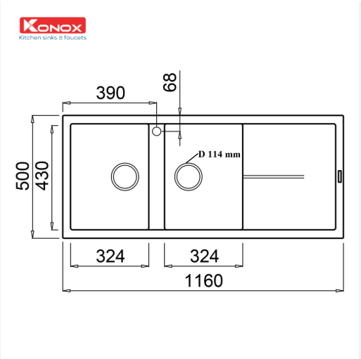 Kích thước Chậu rửa bát Konox Livello Smart 1160 White Silver