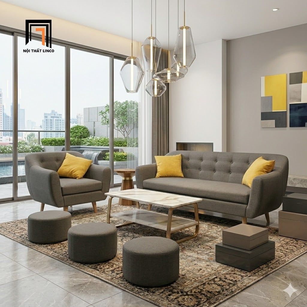  Bộ ghế sofa phòng khách giá rẻ KL7 BGN xám lông chuột vải bố nỉ 