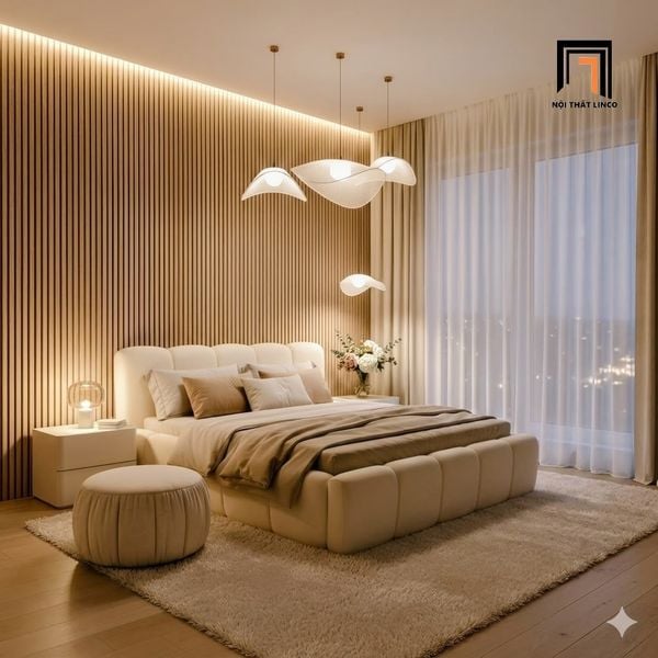 giường ngủ bọc vải nỉ màu be