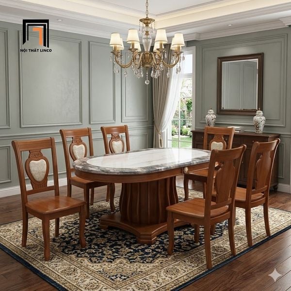 bộ bàn ăn mặt đá oval cao cấp