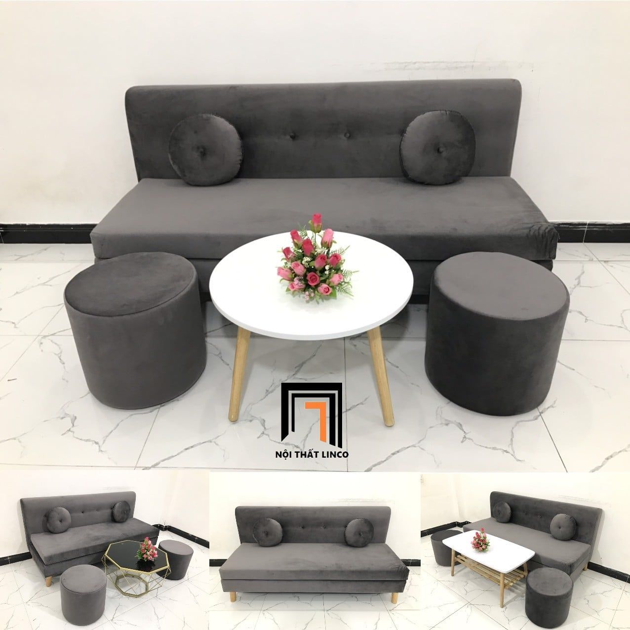 Bộ ghế sofa băng 1m7 BL8 BKT phòng khách xám đen vải nhung 