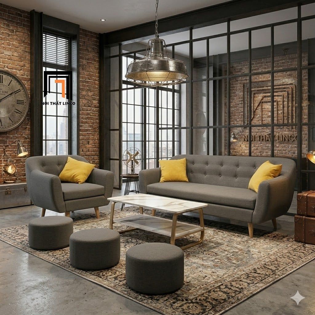  Bộ ghế sofa phòng khách giá rẻ KL7 BGN xám lông chuột vải bố nỉ 