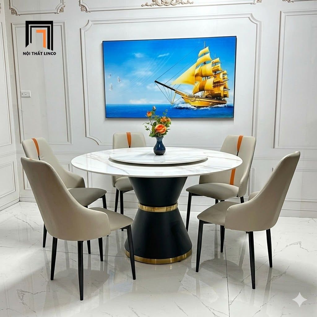 Bộ bàn ăn 6 ghế mặt đá tròn xoay 50-BAD6-Watson nhập khẩu 