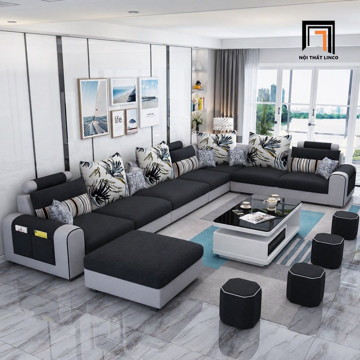  Bộ ghế sofa U giá rẻ UT41 Jiangsu 3m55 phối trắng đen 