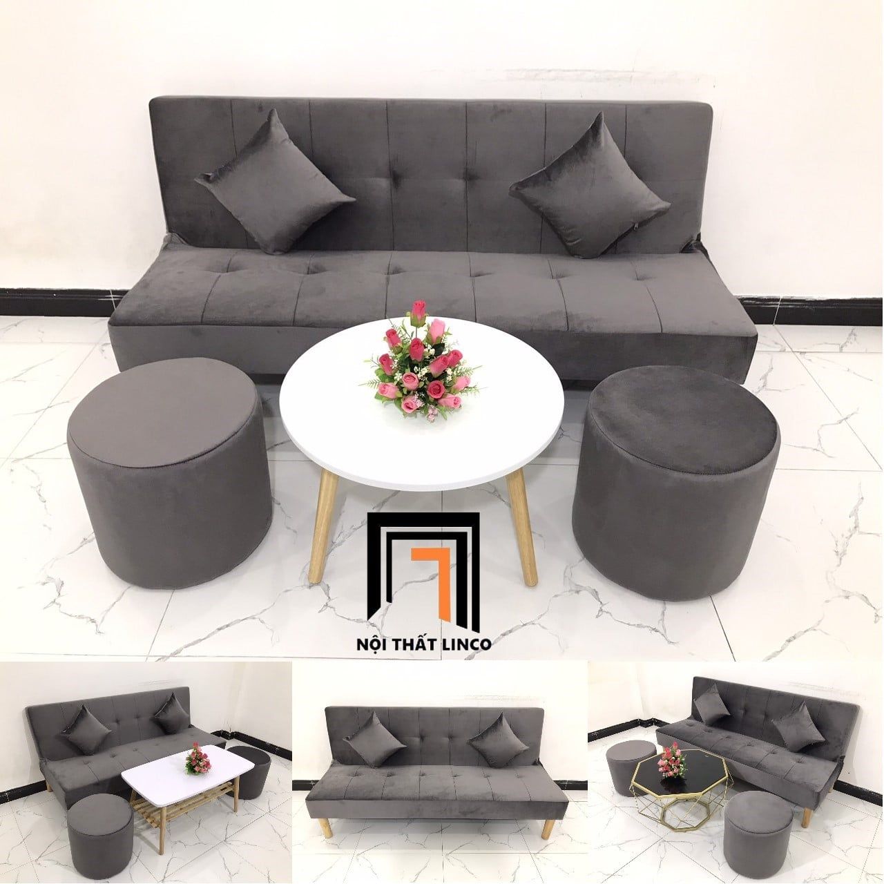  Bộ ghế sofa bed bật giường nằm GBL1 1m7 màu xám đen vải nhung 