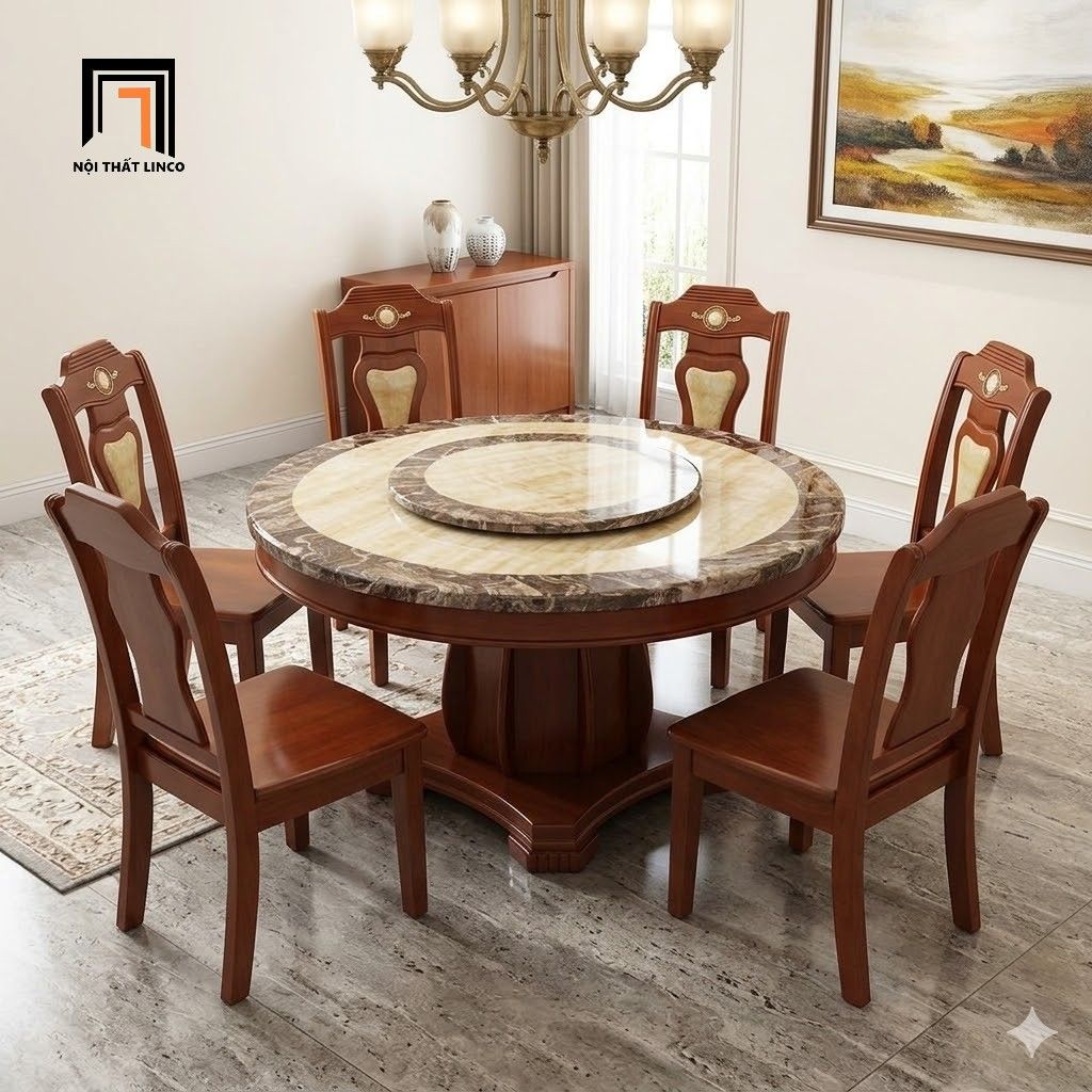 Bộ bàn ăn tròn xoay 6 ghế gỗ GF18-BAD6-G317-B359 1m3 đẹp 
