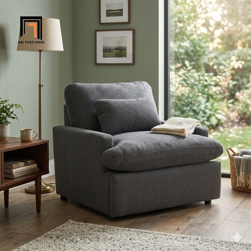  Ghế sofa đơn thư giãn DT50 Jolene vải nỉ xám lông chuột 