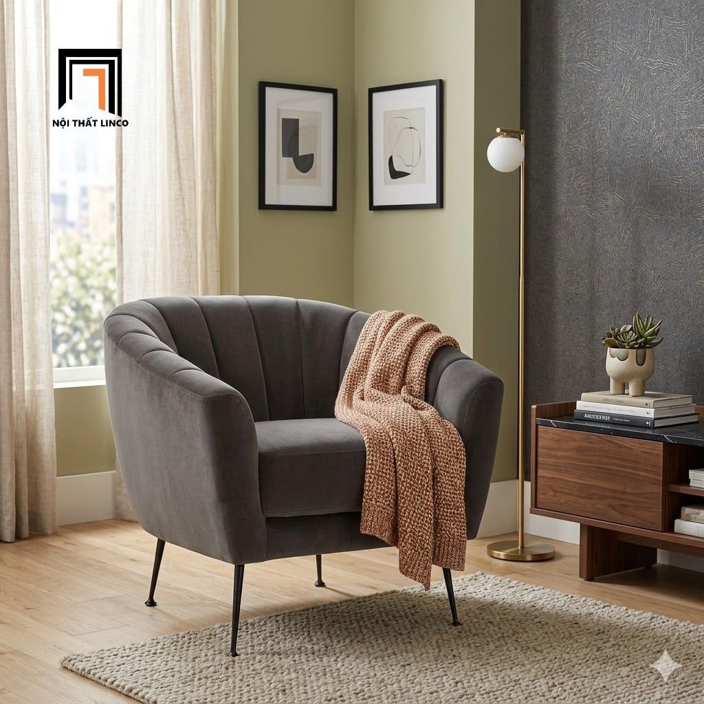  Ghế sofa đơn nhỏ gọn DT34 Aretha vải nhung màu nâu đậm 