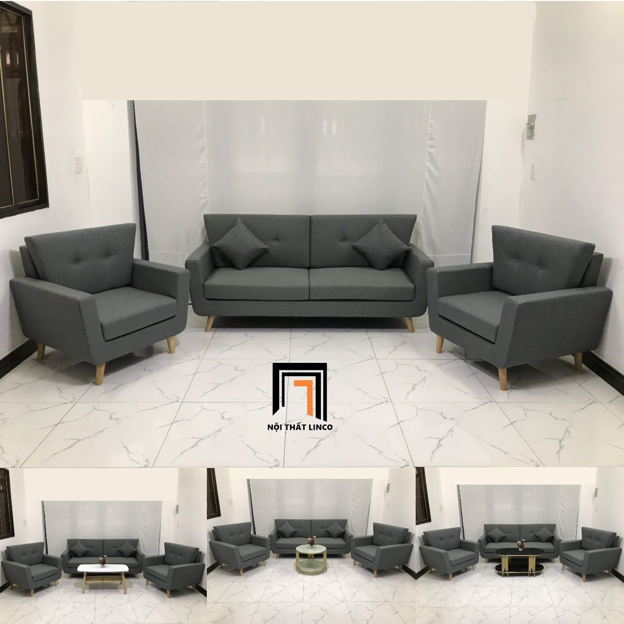  Bộ ghế sofa gia đình màu xám đậm KL5 Piloc kiểu dáng nhỏ gọn 