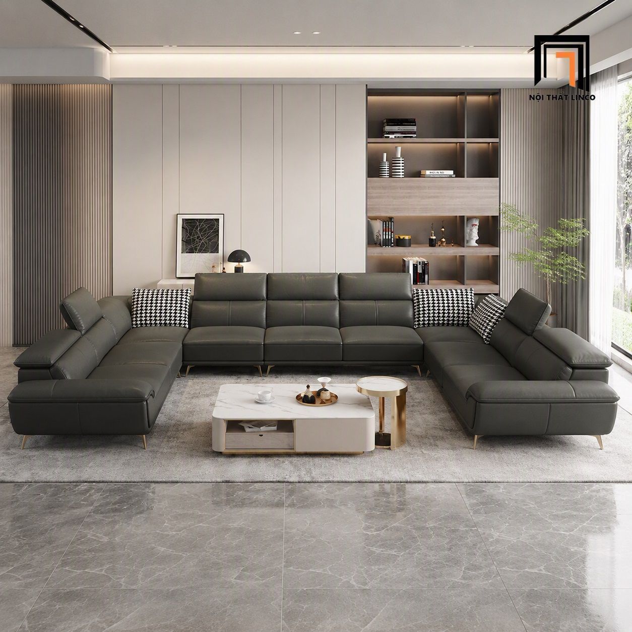  Bộ ghế sofa U cong UT43 Sagure 3m8 x 2m5 bọc da xám đen 
