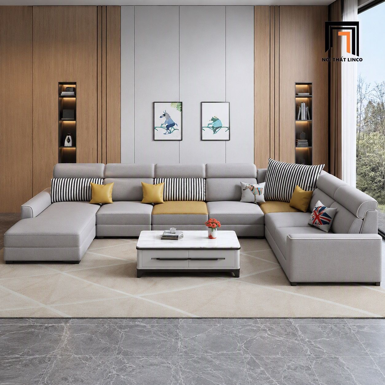  Bộ sofa U vải nỉ xám trắng UT35 Nampa 3m5 x 2m3 x 2m 