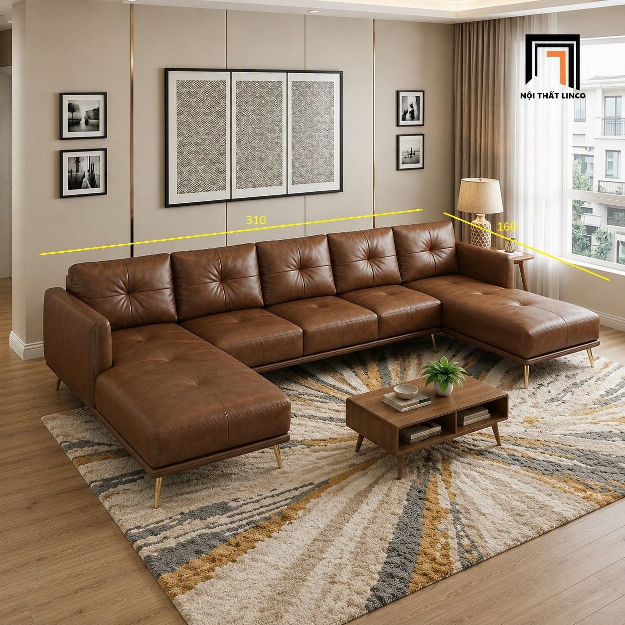  Bộ ghế sofa chữ U UT70 Foia 3m1 bọc da nâu đậm sang trọng 