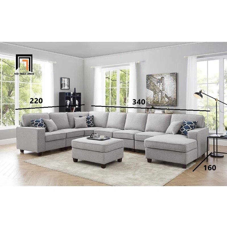  Bộ sofa U Âu Mỹ UT33 Marsala 3m4 màu xám trắng thanh lịch 