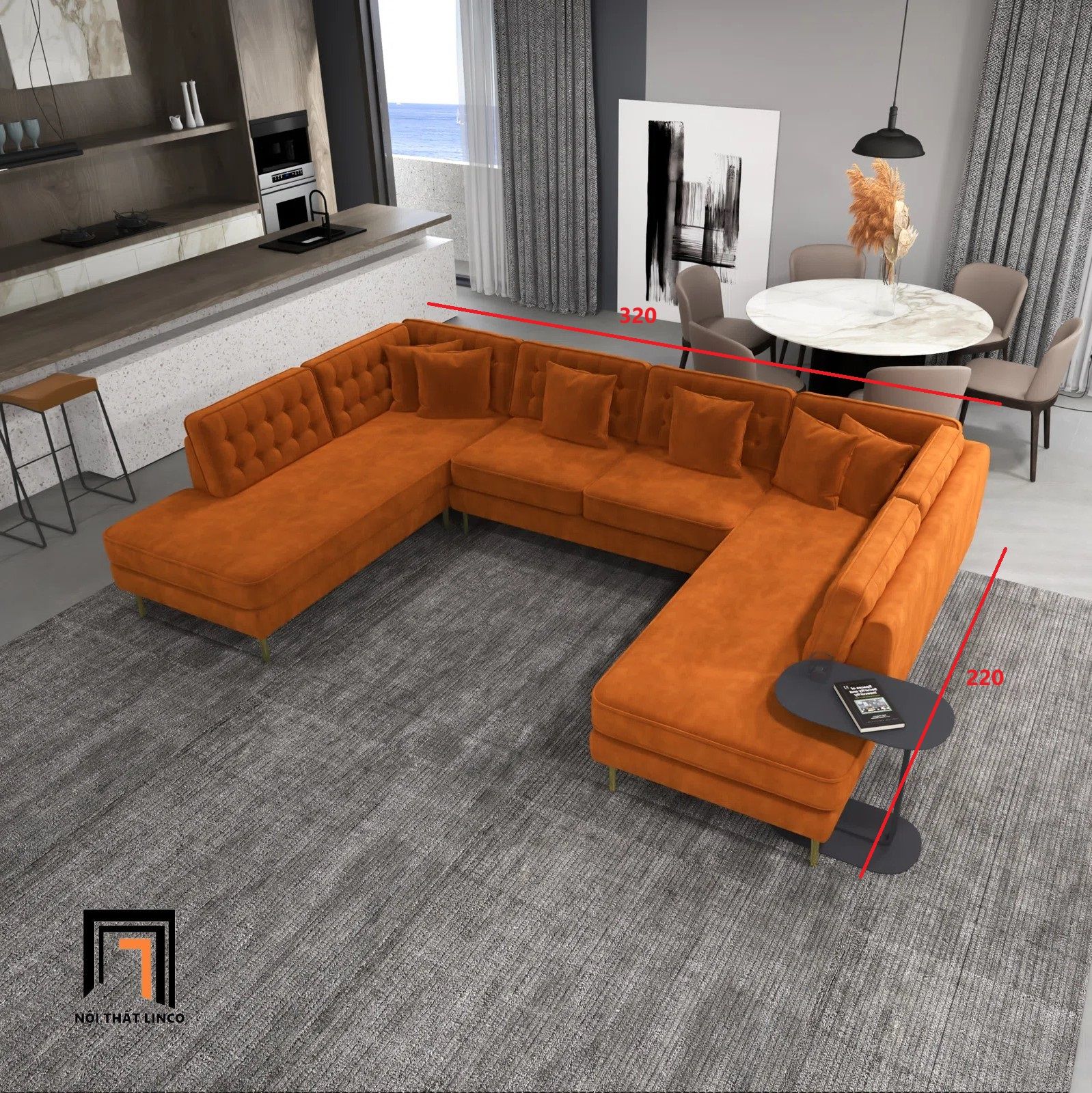  Ghế sofa chữ U UT19 Tyne 3m2 màu cam cao cấp 