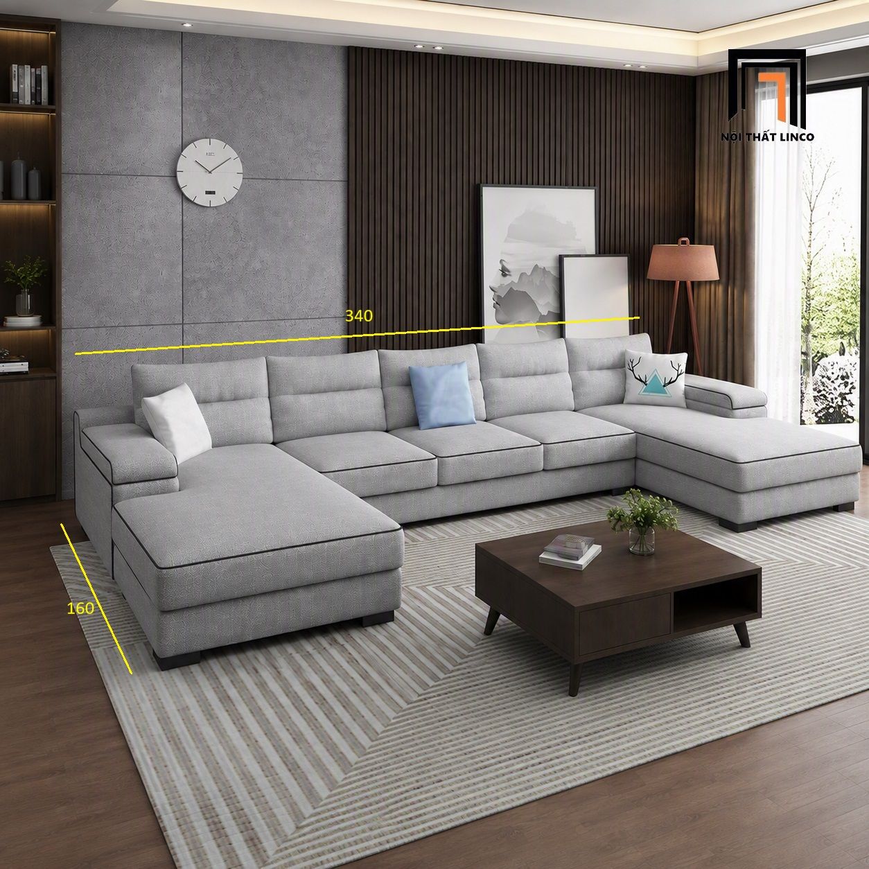  Sofa U UT71 Ammo 3m4 bọc vải nỉ xám trắng đẹp hiện đại 