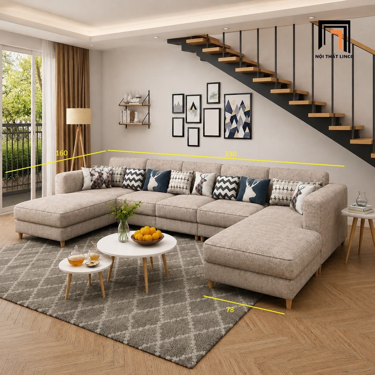  Sofa U UT65 Charles 3m3 bọc vải xám trắng đẹp giá rẻ 