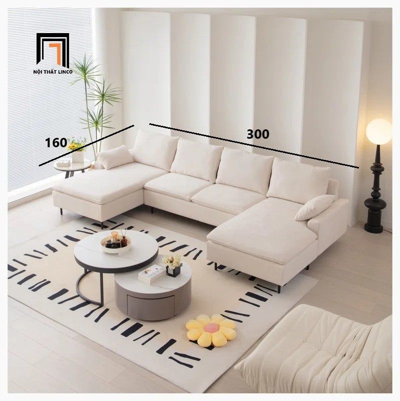 Sofa chữ U UT30 Yushi dài 3m vải nỉ trắng kem cho phòng khách 