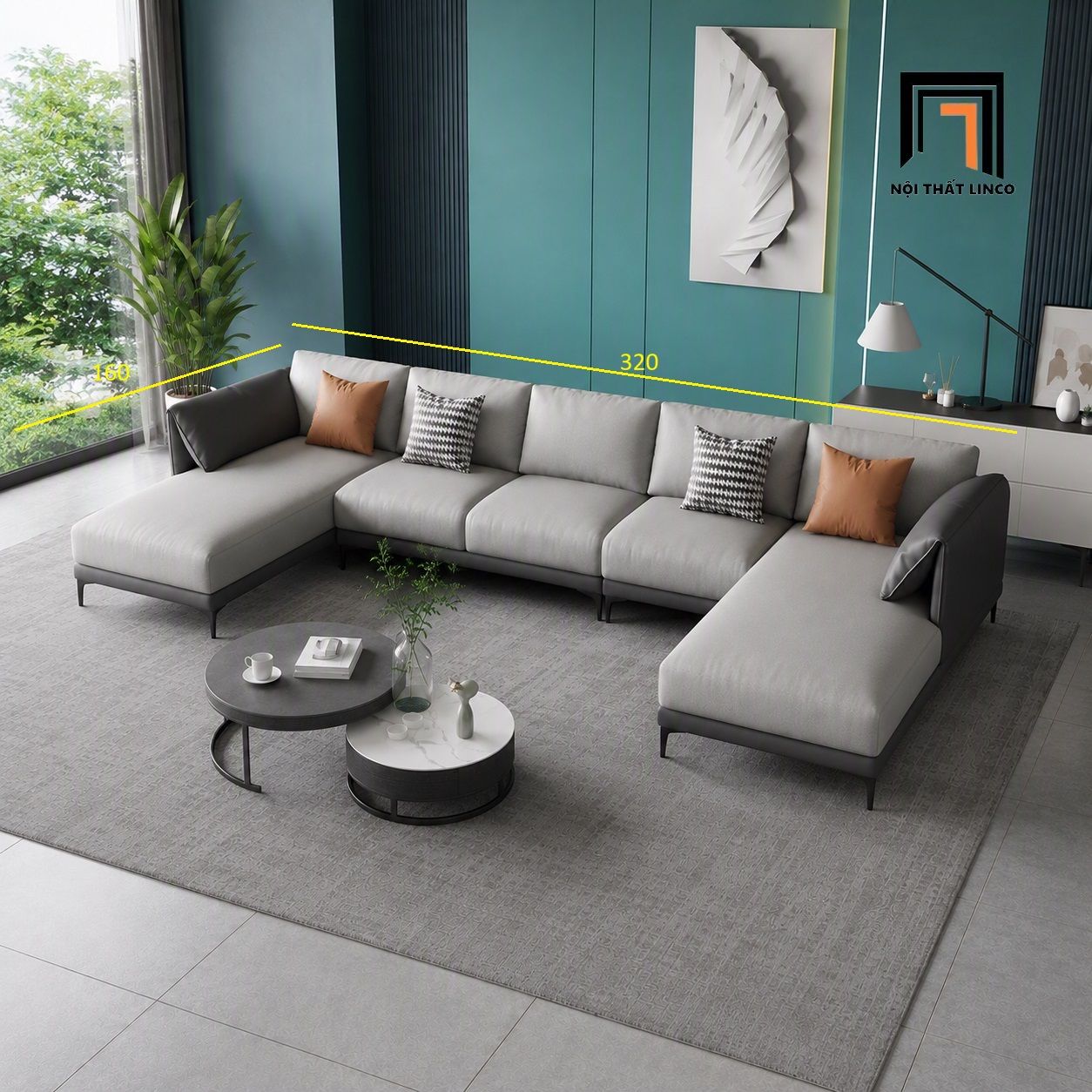  Sofa U da chống trầy UT97 Lesca dài 3m2 phối xám đẹp 