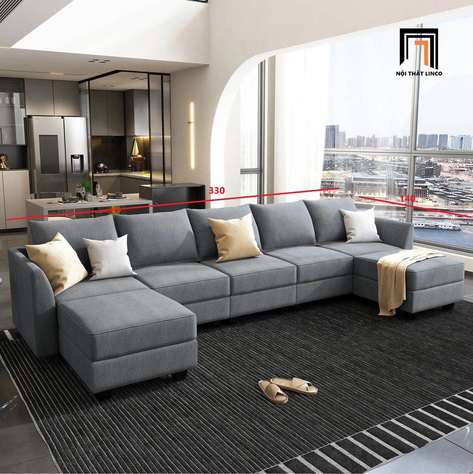  Ghế sofa chữ U UT29 Balin 3m3 vải nỉ xám giá rẻ 