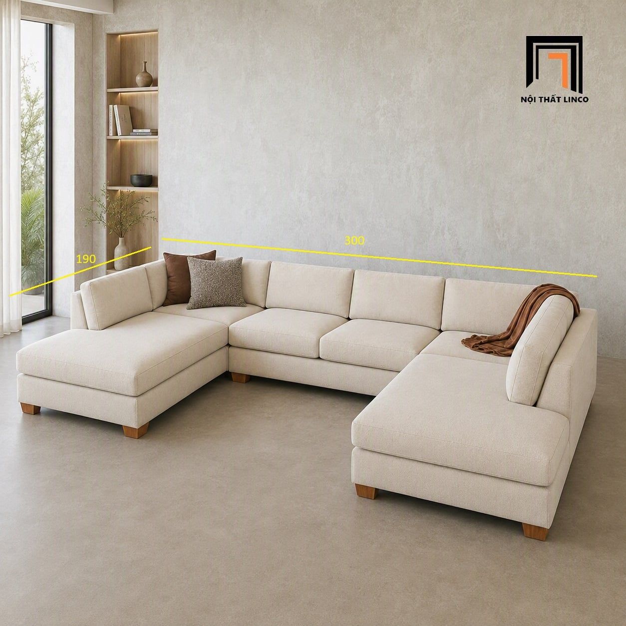  Sofa chữ U UT75 Tuxedo 3m x 1m9 bọc vải nỉ màu be đẹp 