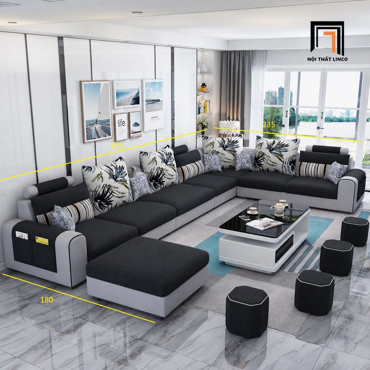  Bộ ghế sofa U giá rẻ UT41 Jiangsu 3m55 phối trắng đen 