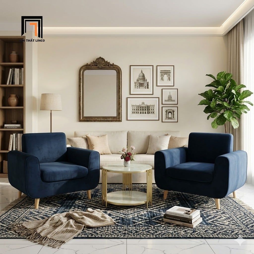  Ghế sofa đơn nhỏ gọn DL1 Presa màu xanh đậm vải nhung giá rẻ 