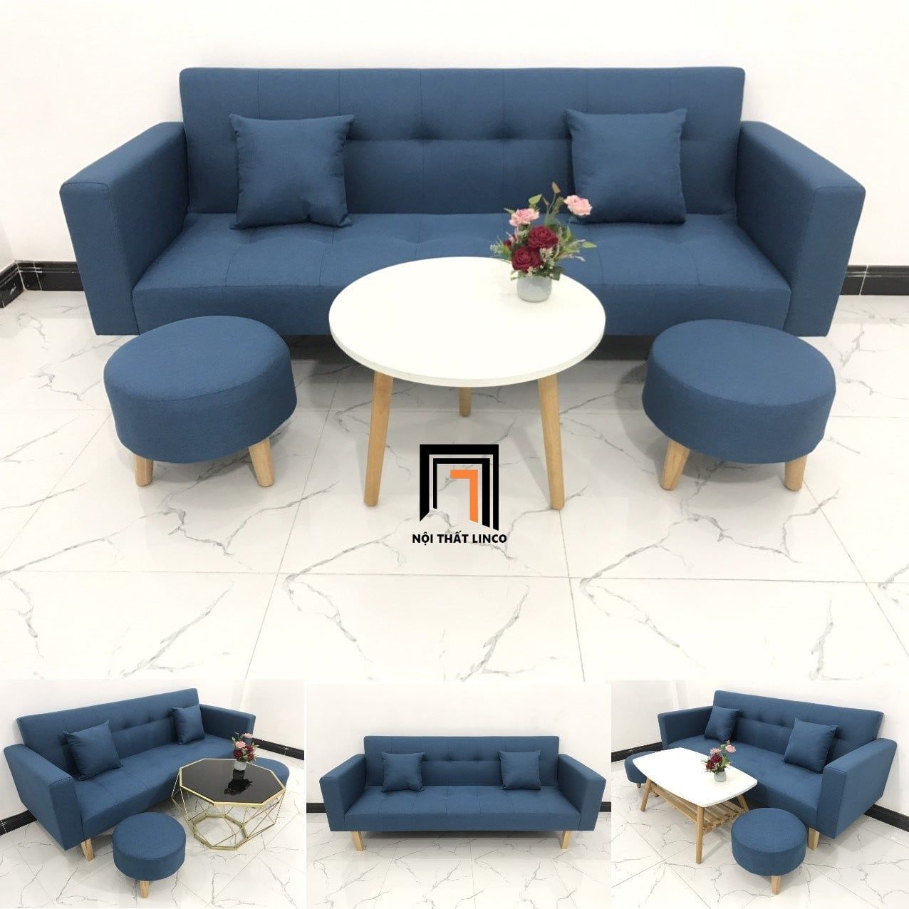  Bộ ghế sofa giường nằm dài 2m GBL2 xanh dương vải nỉ bố 