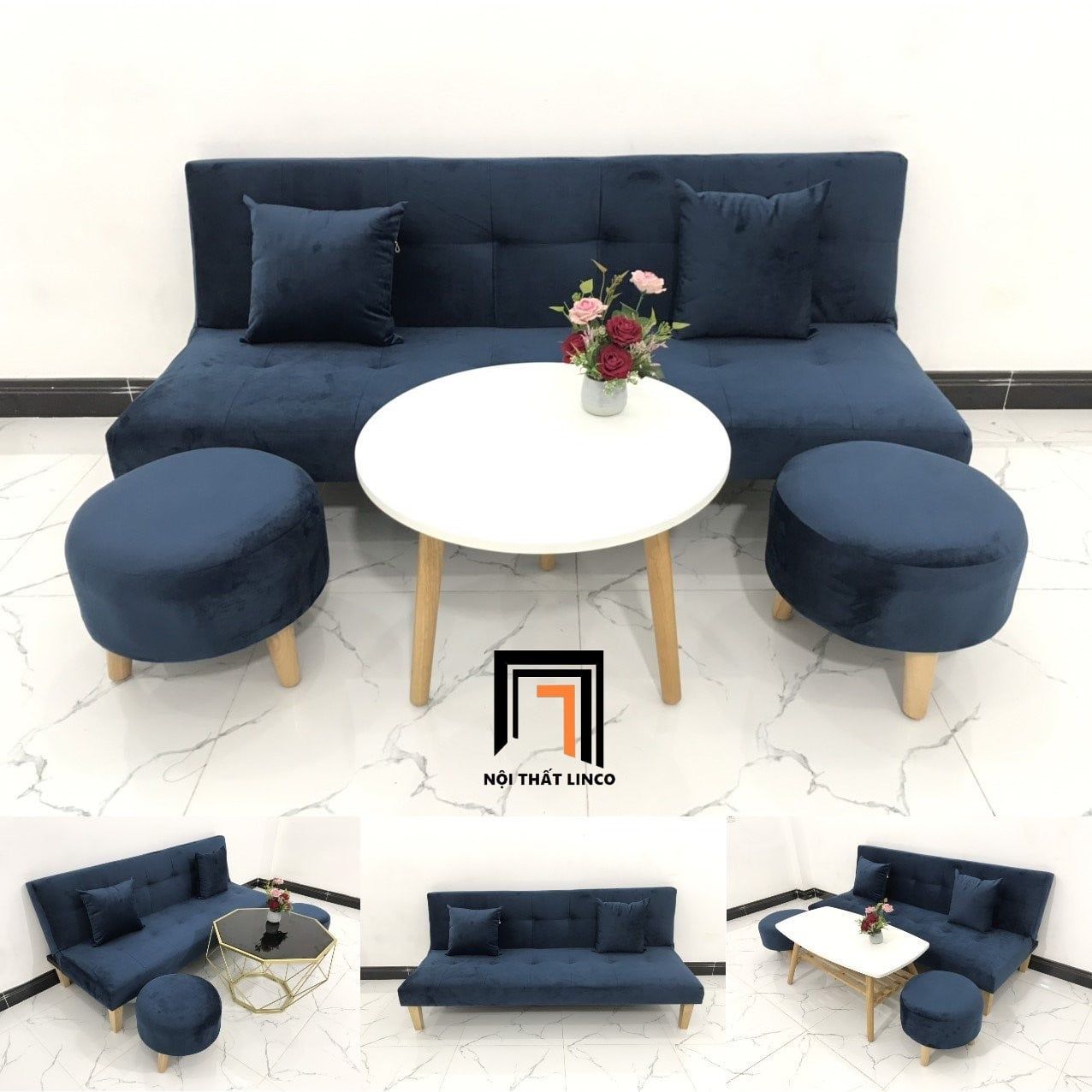  Bộ ghế sofa giường bed 1m7 GBL1 xanh đậm vải nhung nhỏ gọn 