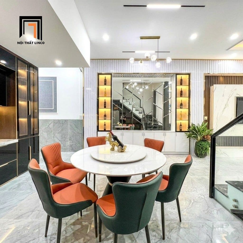  Bàn ăn mặt đá tròn mâm xoay 1m3 14-BAD6-Kingo xinh xắn 