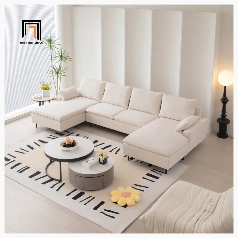  Sofa chữ U UT30 Yushi dài 3m vải nỉ trắng kem cho phòng khách 