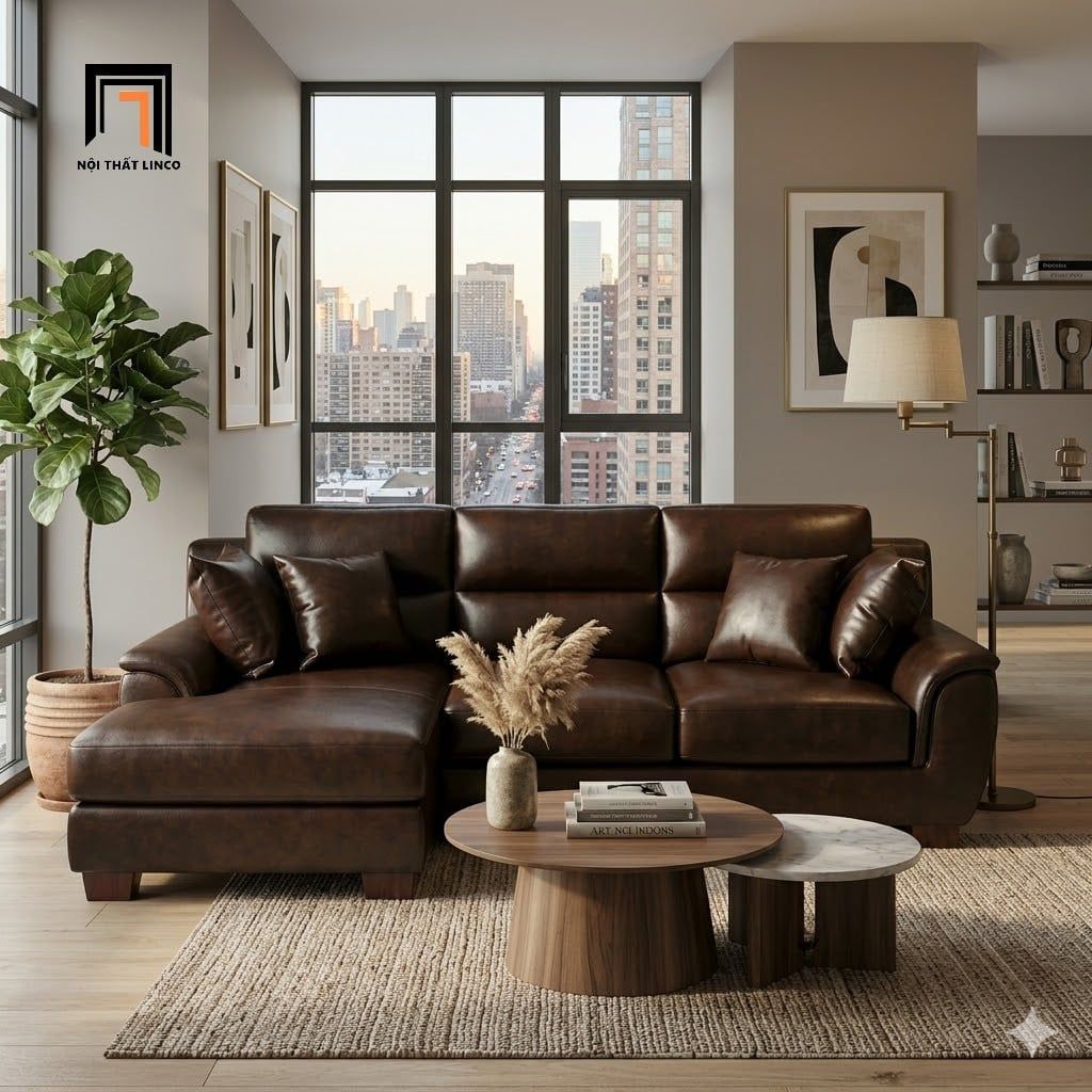  Bộ sofa góc da nâu đậm GT80 Pali 2m4 x 1m6 căn hộ chung cư 