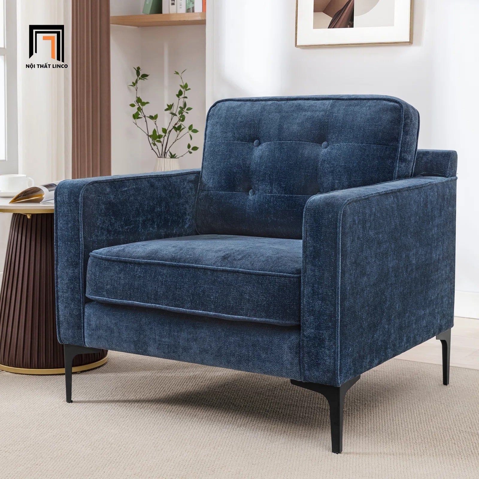  Ghế sofa đơn vải nỉ xanh đậm DT109 Lavoris phòng khách gia đình 