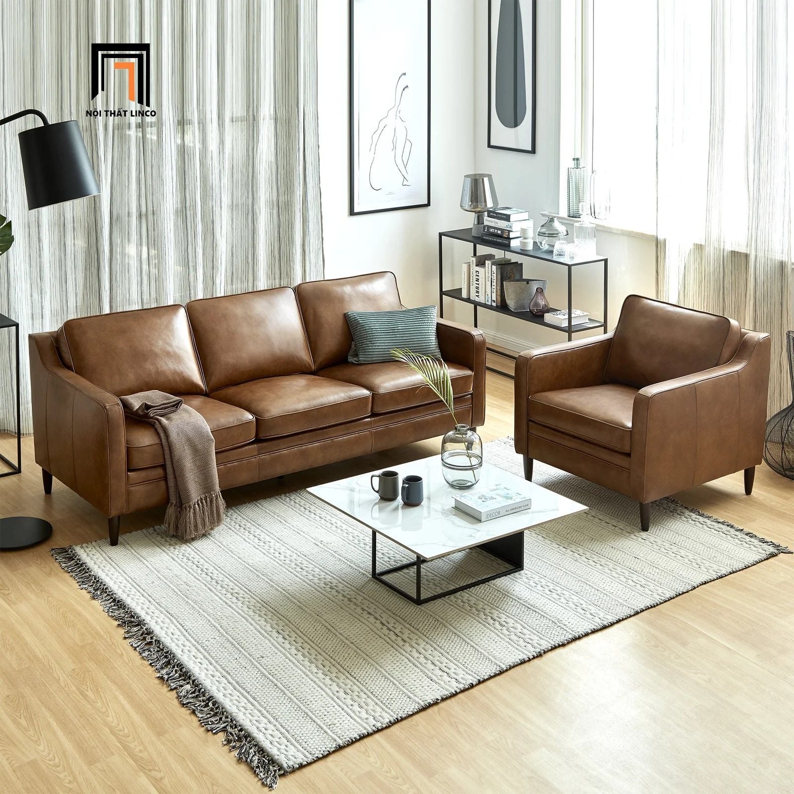  Bộ ghế sofa phòng khách da giả KT17 Abbot màu nâu sang trọng 