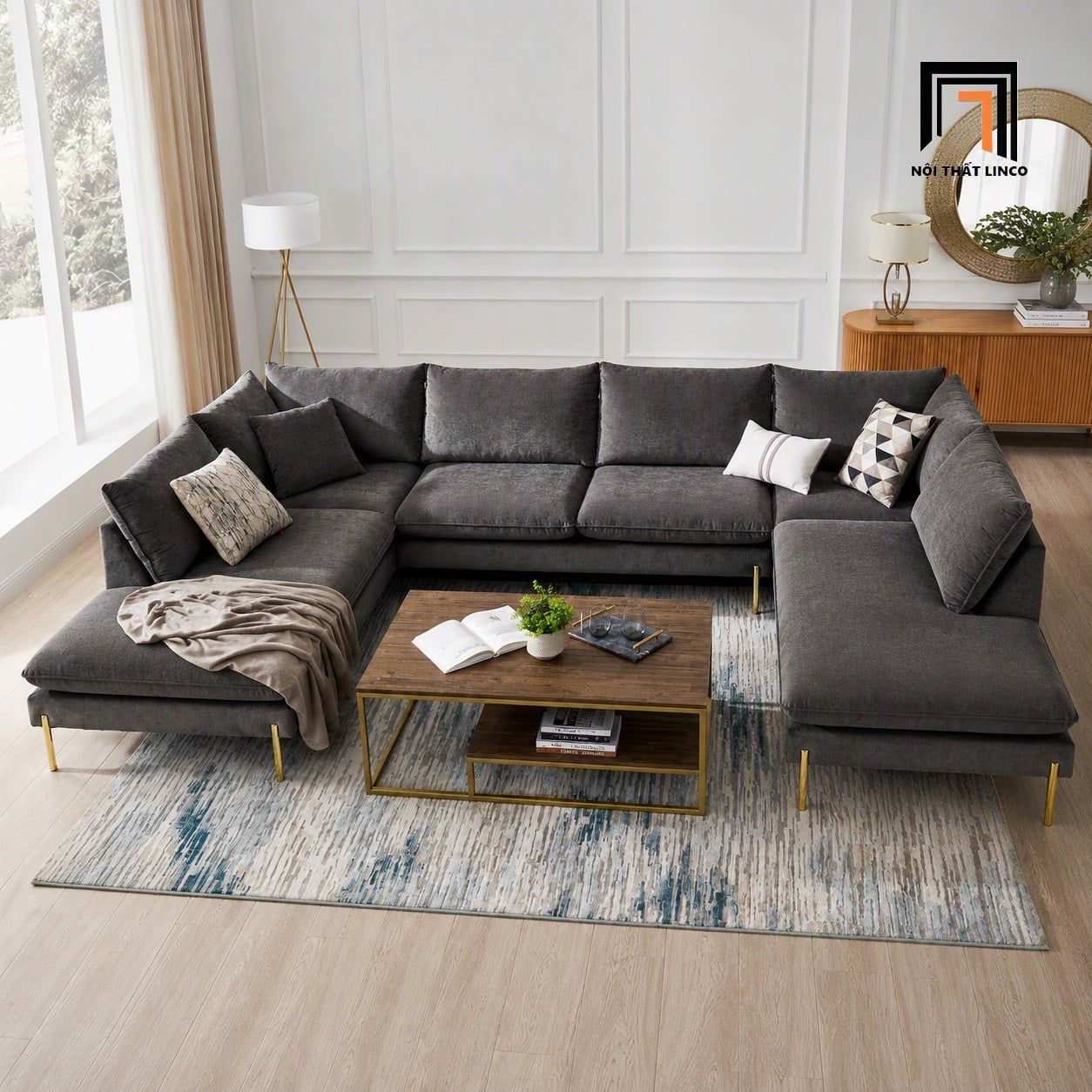  Ghế sofa U giá rẻ UT48 Verona 3m x 2m nỉ xám đen 