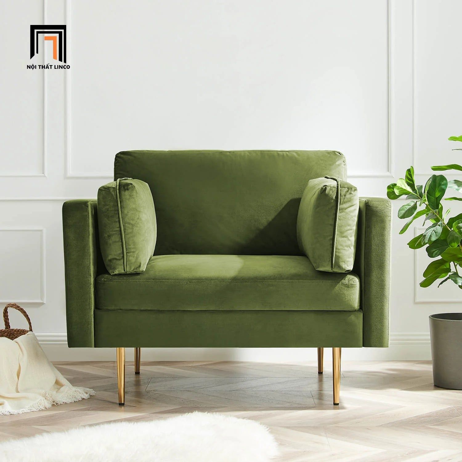  Ghế sofa đơn vải nhung xanh rêu DT82 Pelham phòng khách nhỏ 