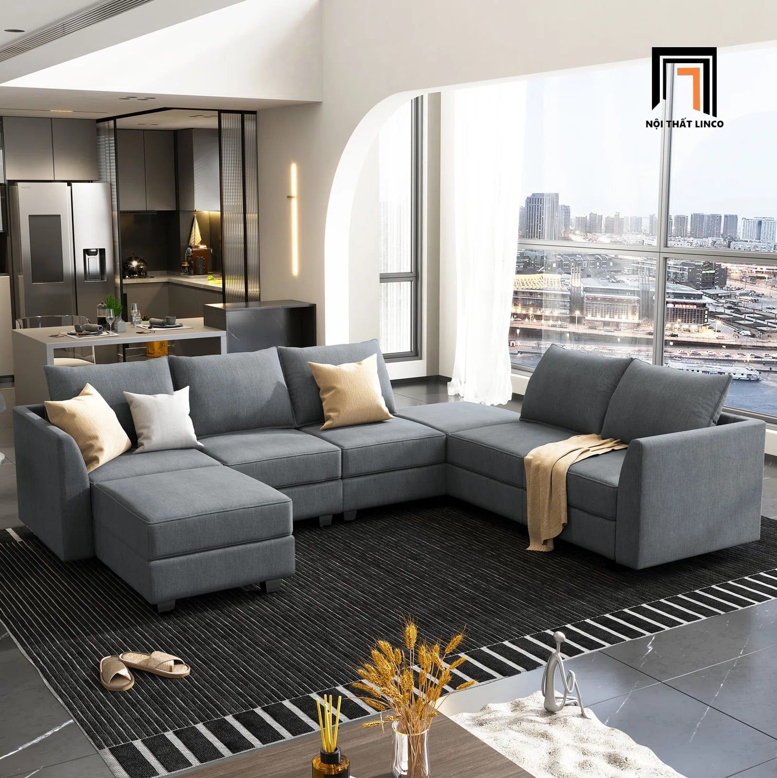  Ghế sofa chữ U UT29 Balin 3m3 vải nỉ xám giá rẻ 