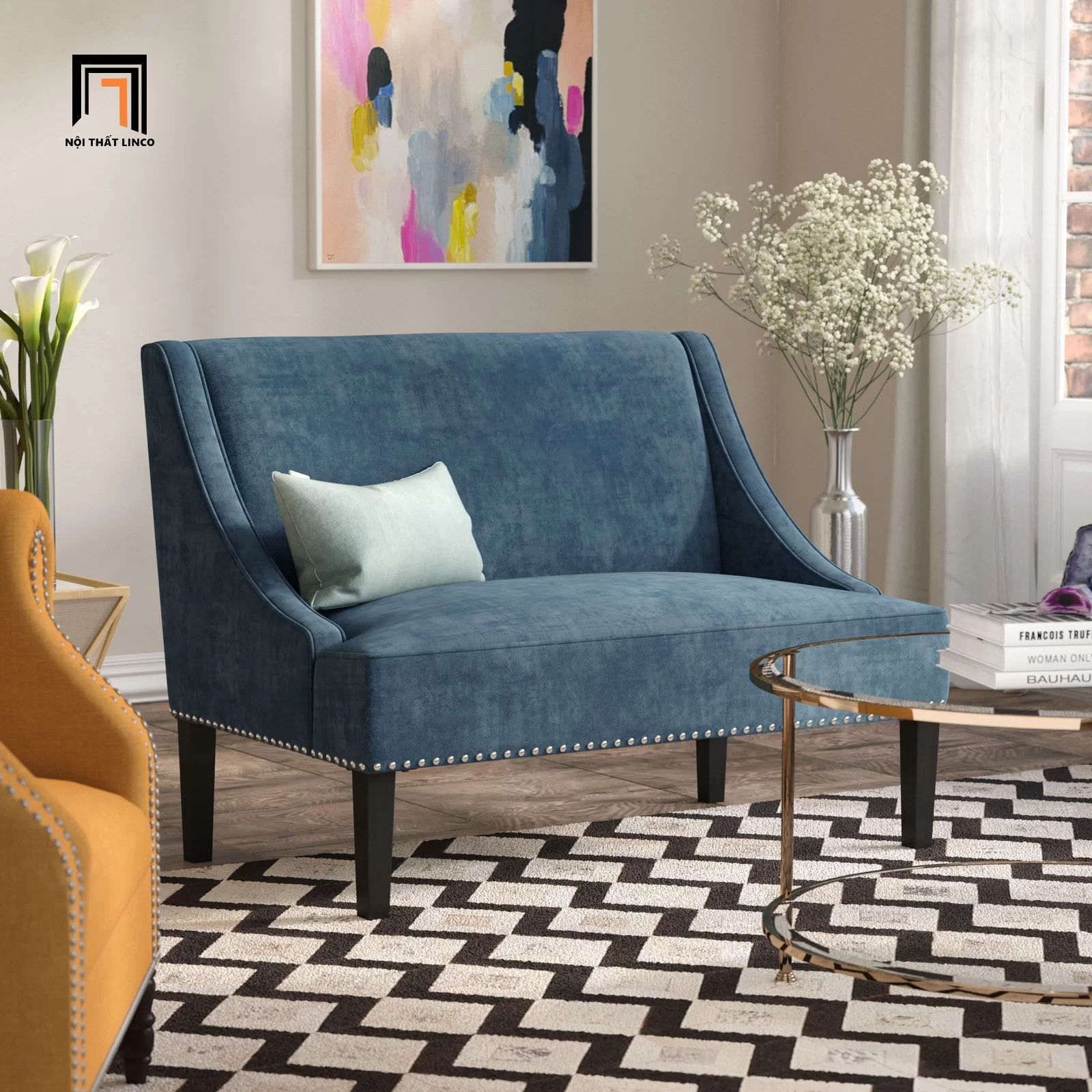  Ghế sofa băng nhỏ gọn 1m3 BT51 Tormel đính nút bạc nổi bật 