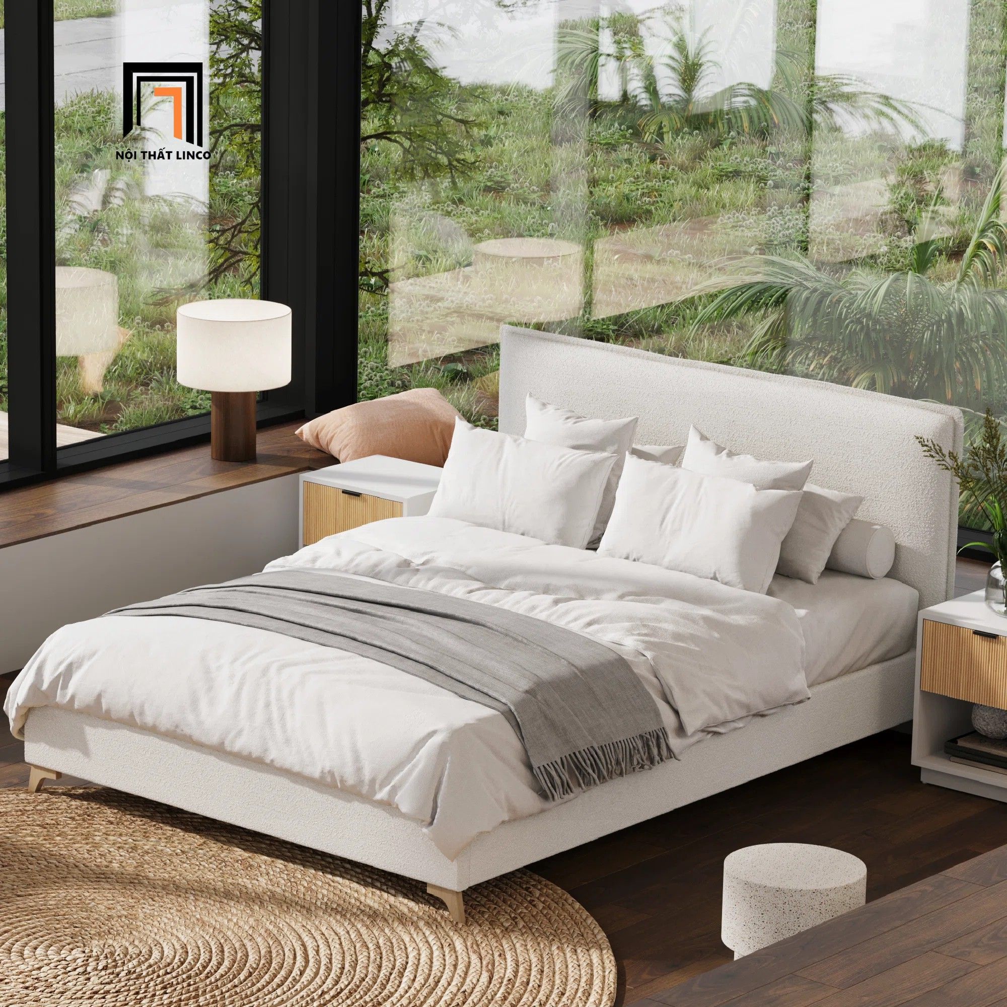  Giường ngủ vải nỉ xám trắng GN112 Bowsmen kiểu dáng trẻ trung 