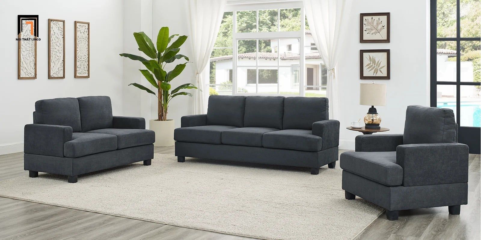  Combo 3 ghế sofa phòng khách KT8 Poll màu xám đen vải nỉ mềm 