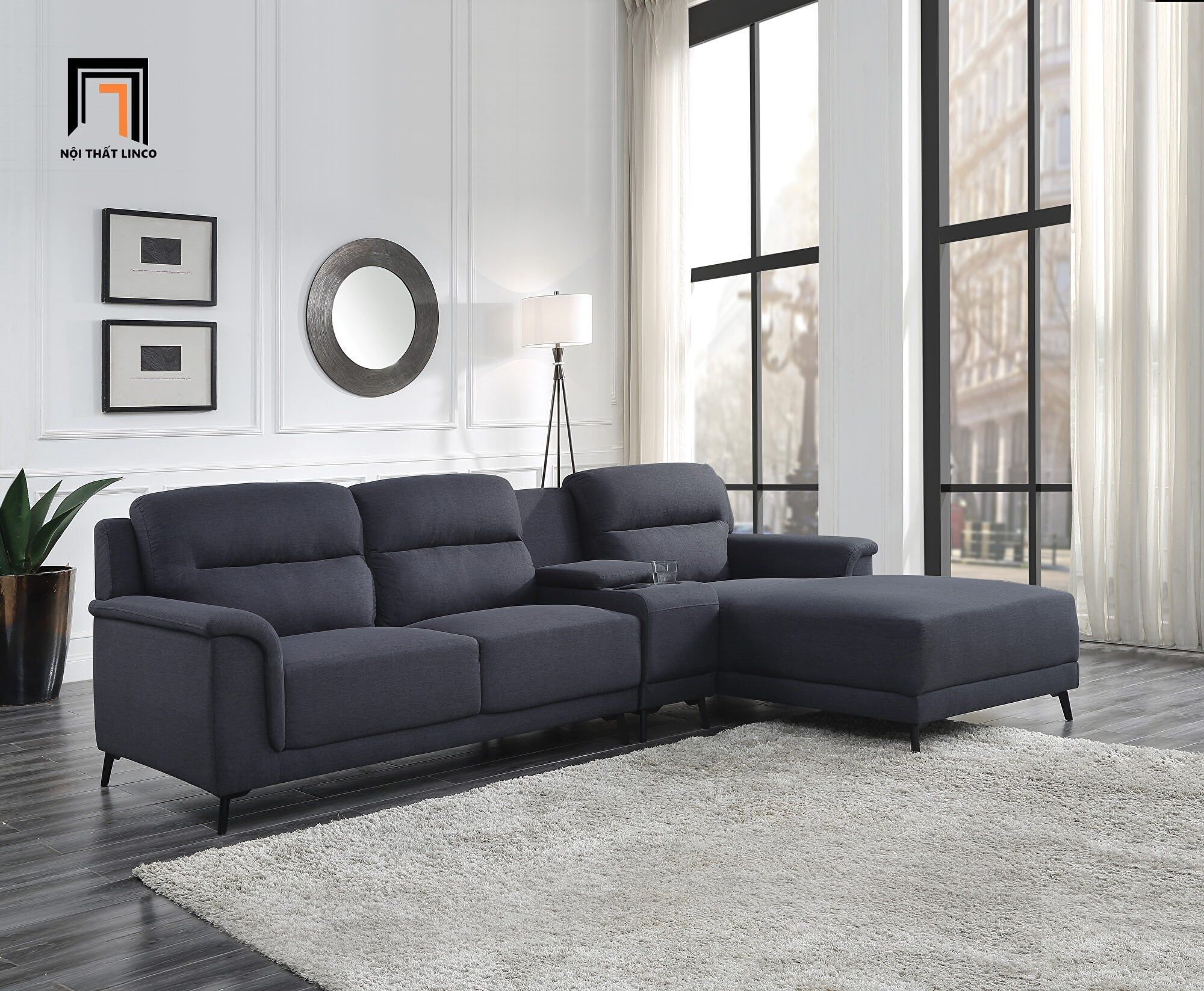  Bộ ghế sofa chữ L màu xám đen GT75 Walcher dài 2m8 thư giãn 