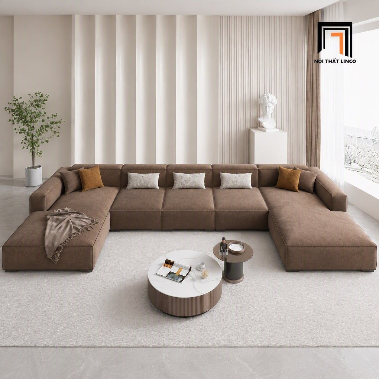  Bộ ghế sofa chữ U UT76 Plainview 3m3 bọc nhung nâu đậm 