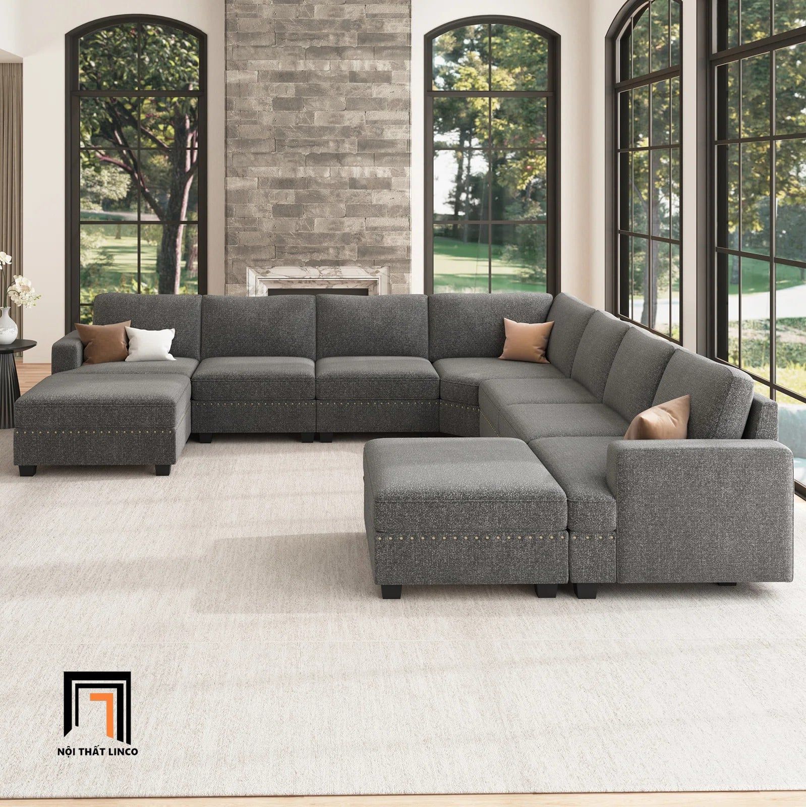  Bộ sofa U sang trọng UT13 Anureet vải nỉ xám lông chuột 
