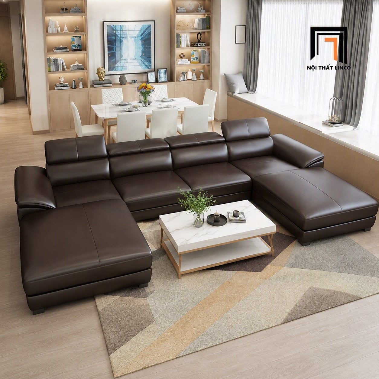  Sofa chữ U UT99 Zeglo 3m2 bọc da nâu đậm cao cấp 