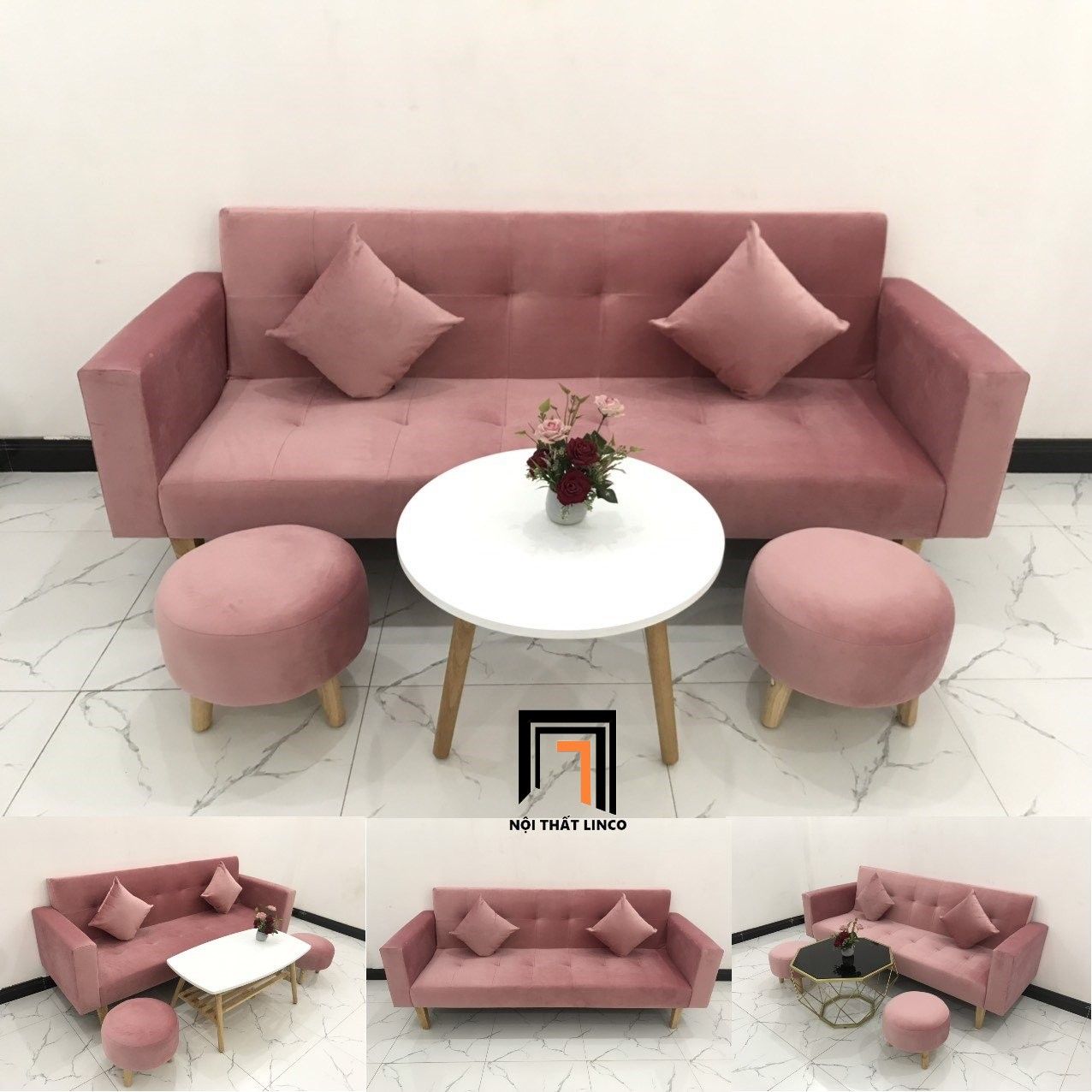  Bộ ghế sofa giường màu hồng phấn GBL2 dài 2m cho nhà nhỏ 