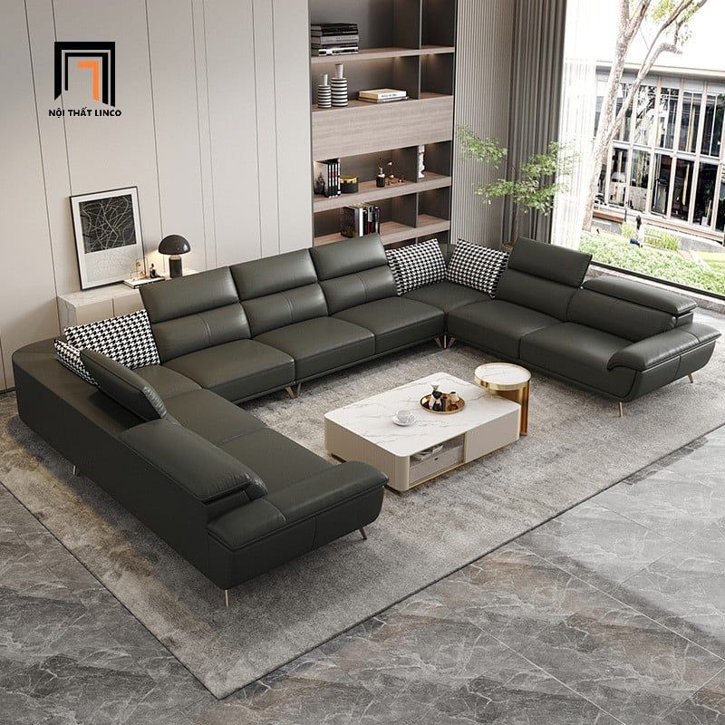  Bộ ghế sofa U cong UT43 Sagure 3m8 x 2m5 bọc da xám đen 