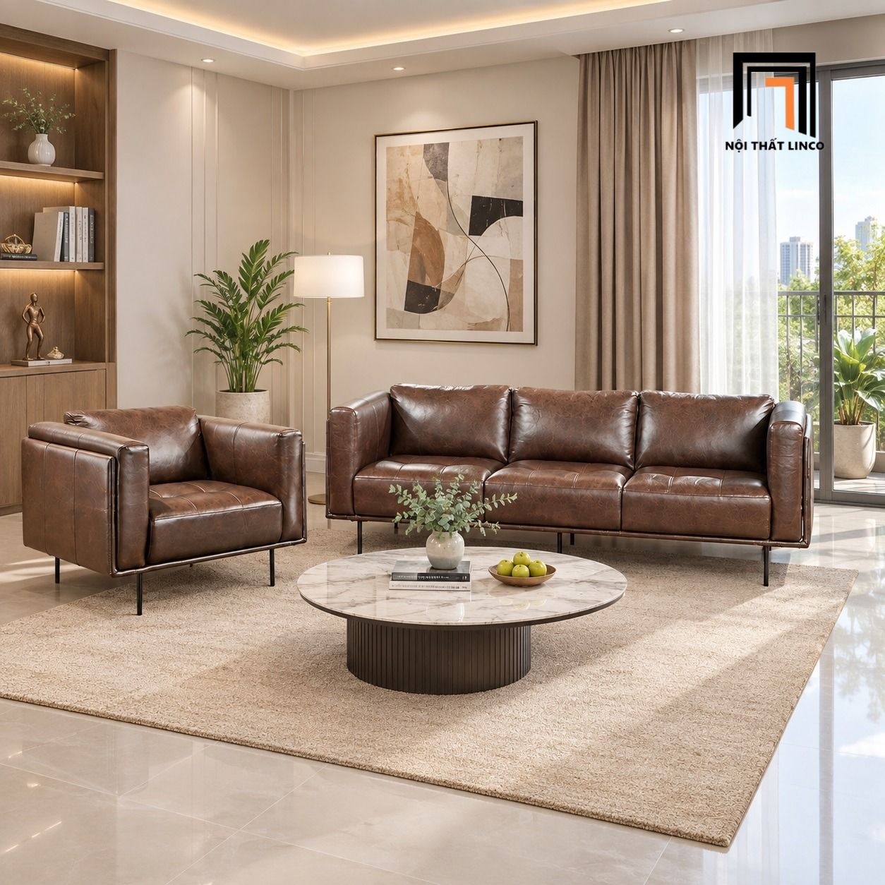  Bộ ghế sofa phòng khách cao cấp KT130 Foxcon da giả màu nâu 