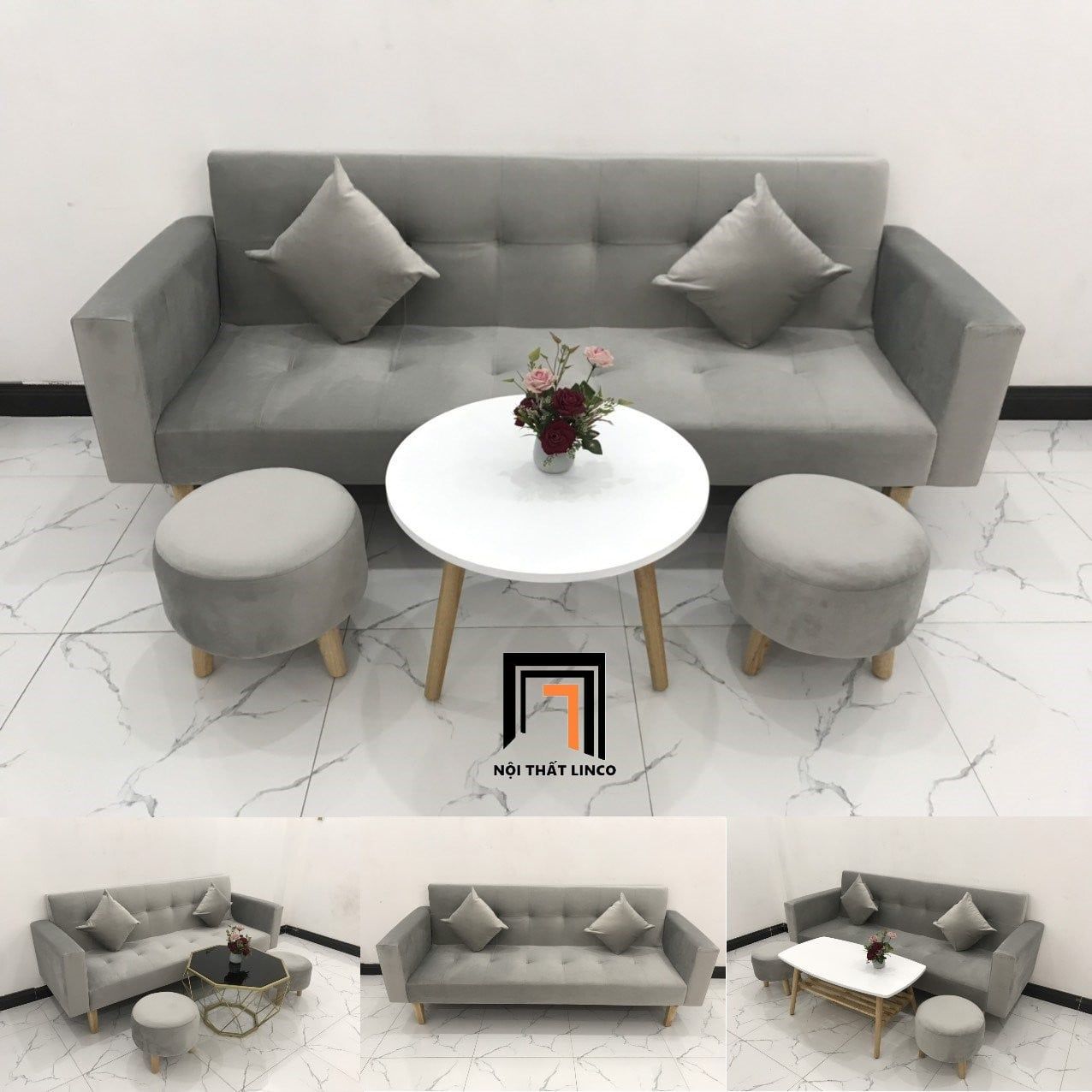  Bộ bàn ghế sofa giường giá rẻ dài 2m GBL2 nhỏ màu xám nhung 