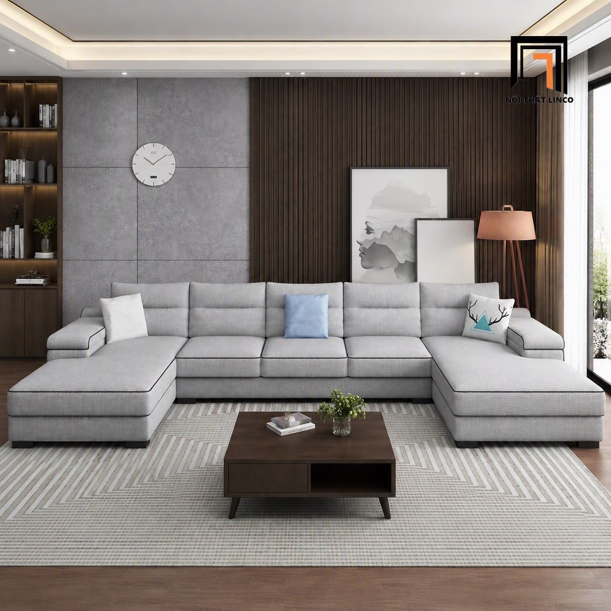  Sofa U UT71 Ammo 3m4 bọc vải nỉ xám trắng đẹp hiện đại 