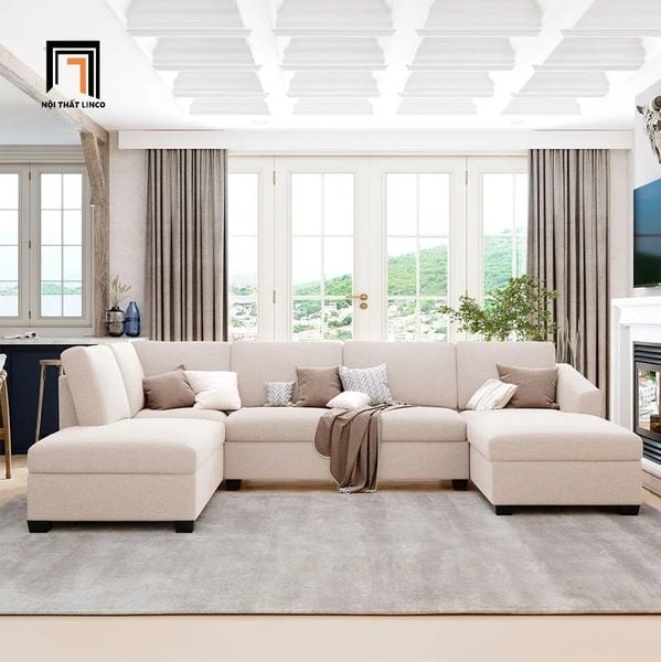 sofa chữ U dài 3m vải nỉ trắng