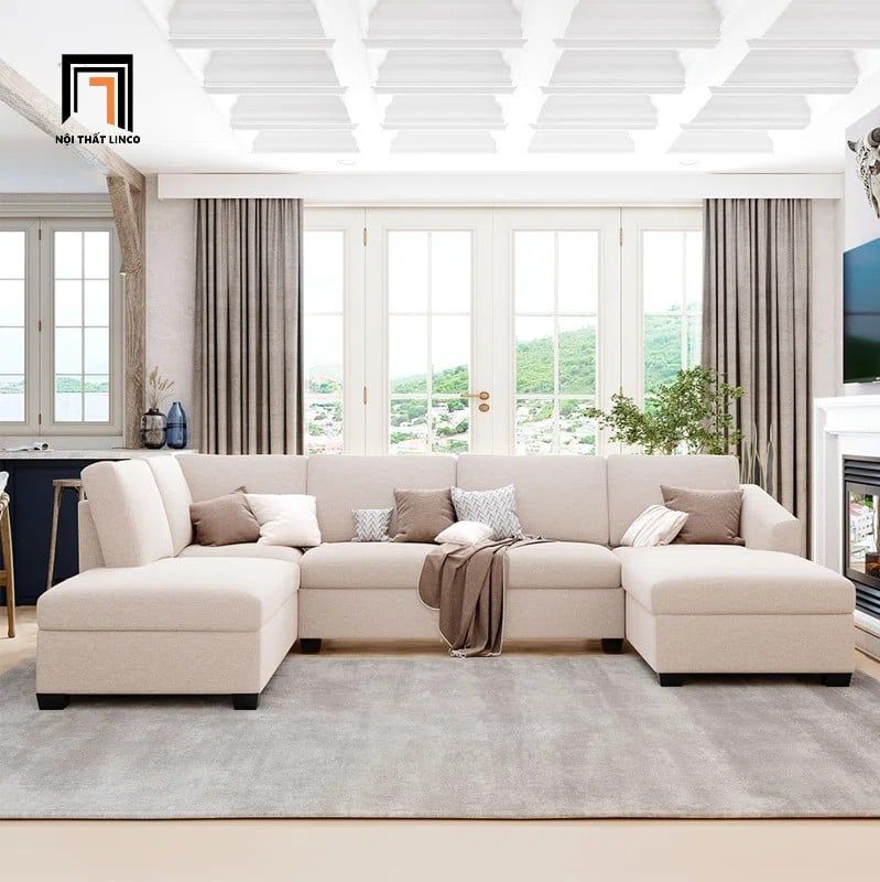  Bộ ghế sofa chữ U dài 3m UT18 Citra vải nỉ trắng kem đẹp 